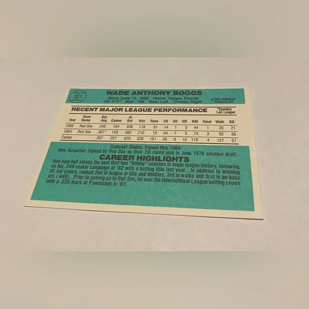 Wade Boggs 1984 Donruss Baseball Card Vintage collectible